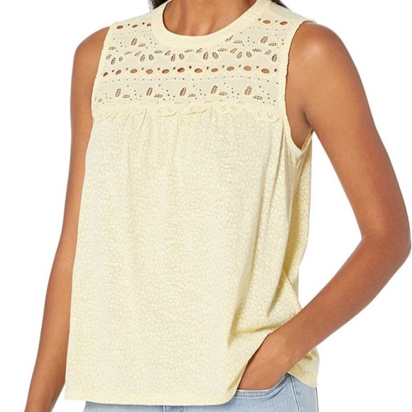 Embroidered Eyelet Lace Sleeveless Crew Neck Shiffly Tank Top Lucky Brand Yellow - Picture 3 of 15